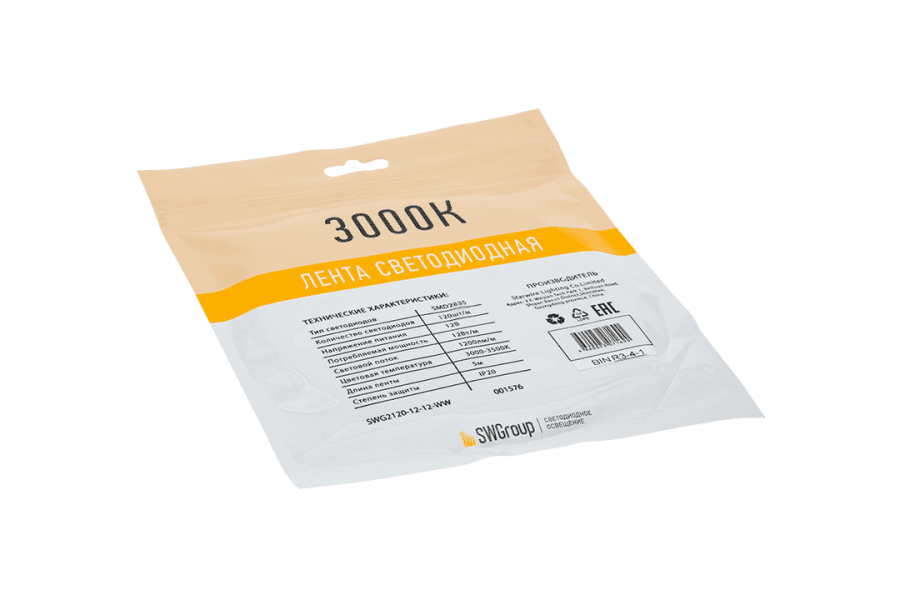 Лента светодиодная SWG SWG2120, 12 Вт/м, 12В, IP20, теплый белый