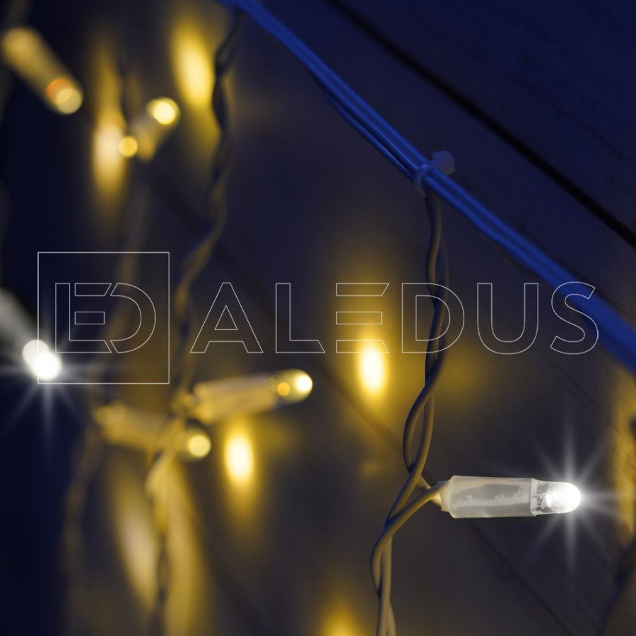 Бахрома (Айсикл) ALEDUS, 220 В, 3x0.9 м, IP65, белый провод, теплый белый, с мерцанием, 144 светодиода