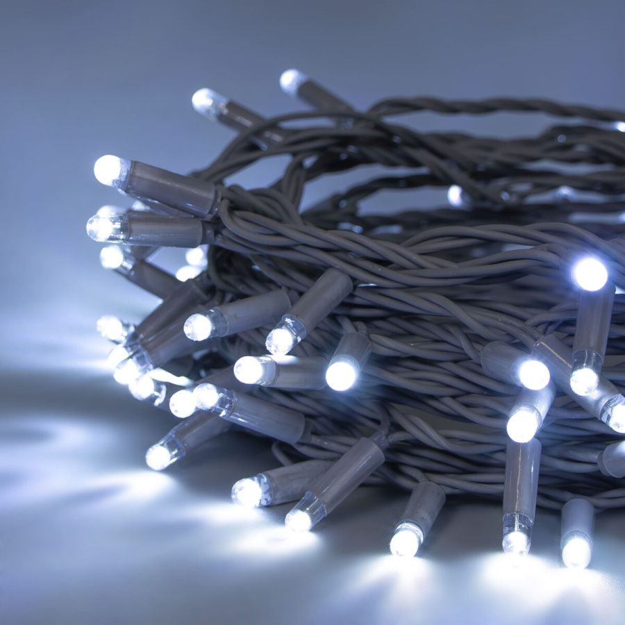 Гирлянда Нить 10м Белая 24В, 100 LED, Провод Серая Резина 2,3мм, IP65