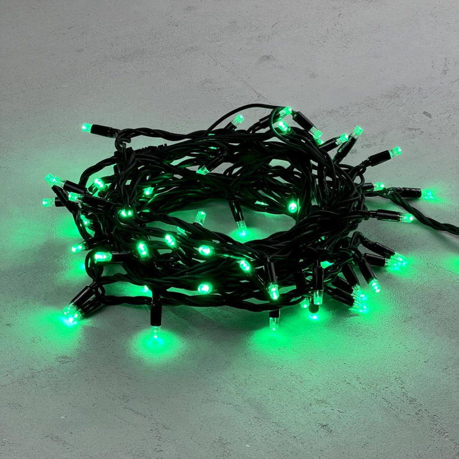 Гирлянда Нить 10м Зеленая 220В, 75 LED, Провод Черный Каучук, IP65