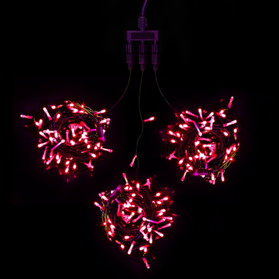 Комплект 3 Красных Нити с Мерцанием Белого Диода по 20м, 600 LED, Провод Черный ПВХ, IP54