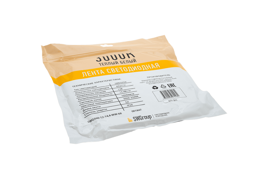 Лента светодиодная SWG SWG560, 14,4 Вт/м, 12В, IP68, теплый белый