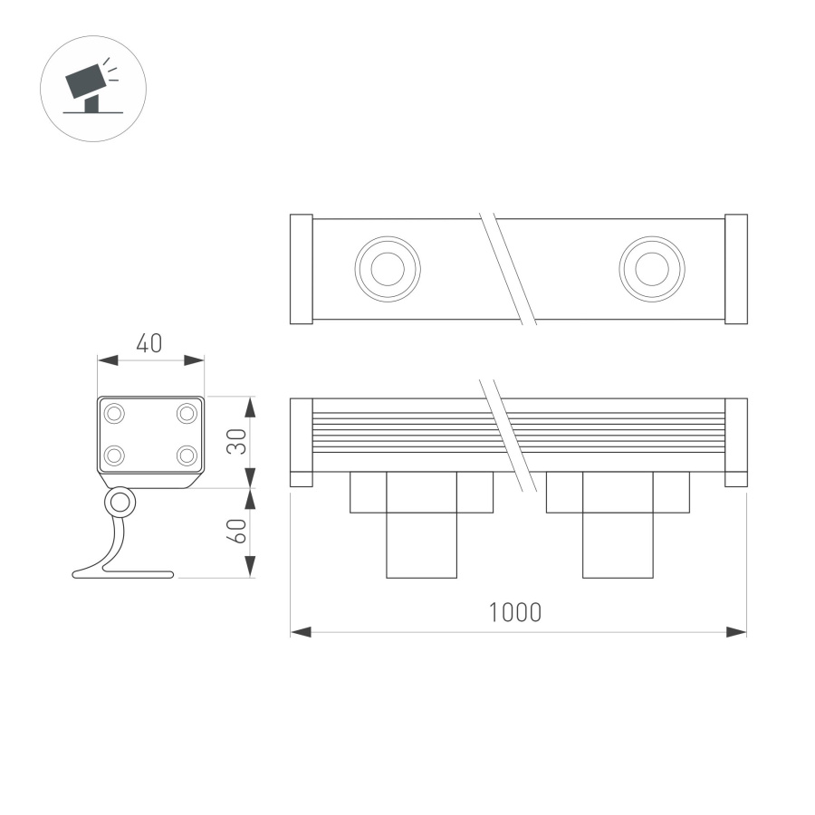 Линейный прожектор AR-LINE-1000-24W Warm3000 (GR, 15x60 deg, 230V) (Arlight, IP65 Металл, 3 года)