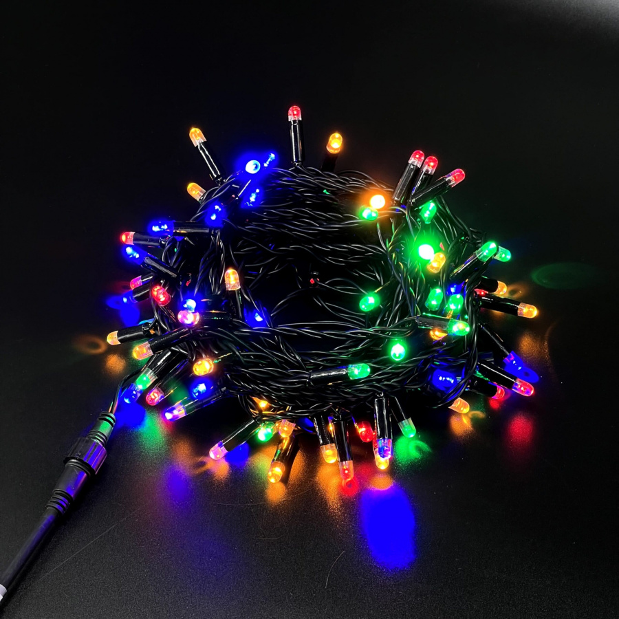 Гирлянда Нить с Колпачком 10м Разноцветная 24В, 100 LED, Провод Черный ПВХ, IP65