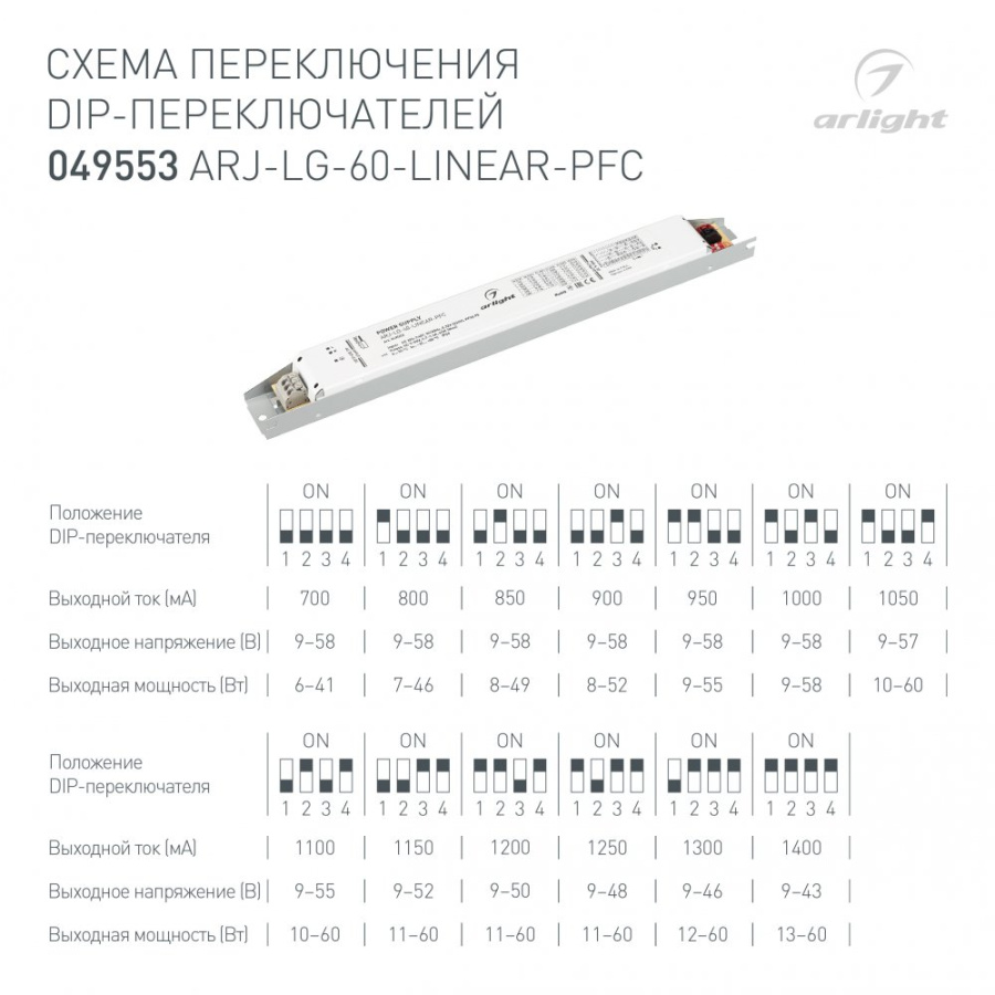 Блок питания ARJ-LG-60-LINEAR-PFC (60W, 9-58V, 0.7-1.4A) (Arlight, IP20 Металл, 5 лет)