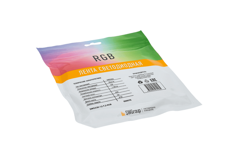 Лента светодиодная SWG SWG530, 7,2 Вт/м, 12В, IP20, RGB