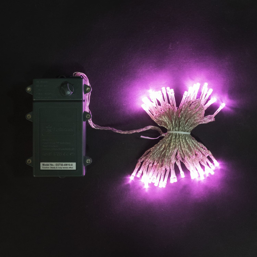 Гирлянда Нить на Батарейках с Таймером 5м Светло-Розовая, 50 LED, Провод Прозрачный Силикон, IP65