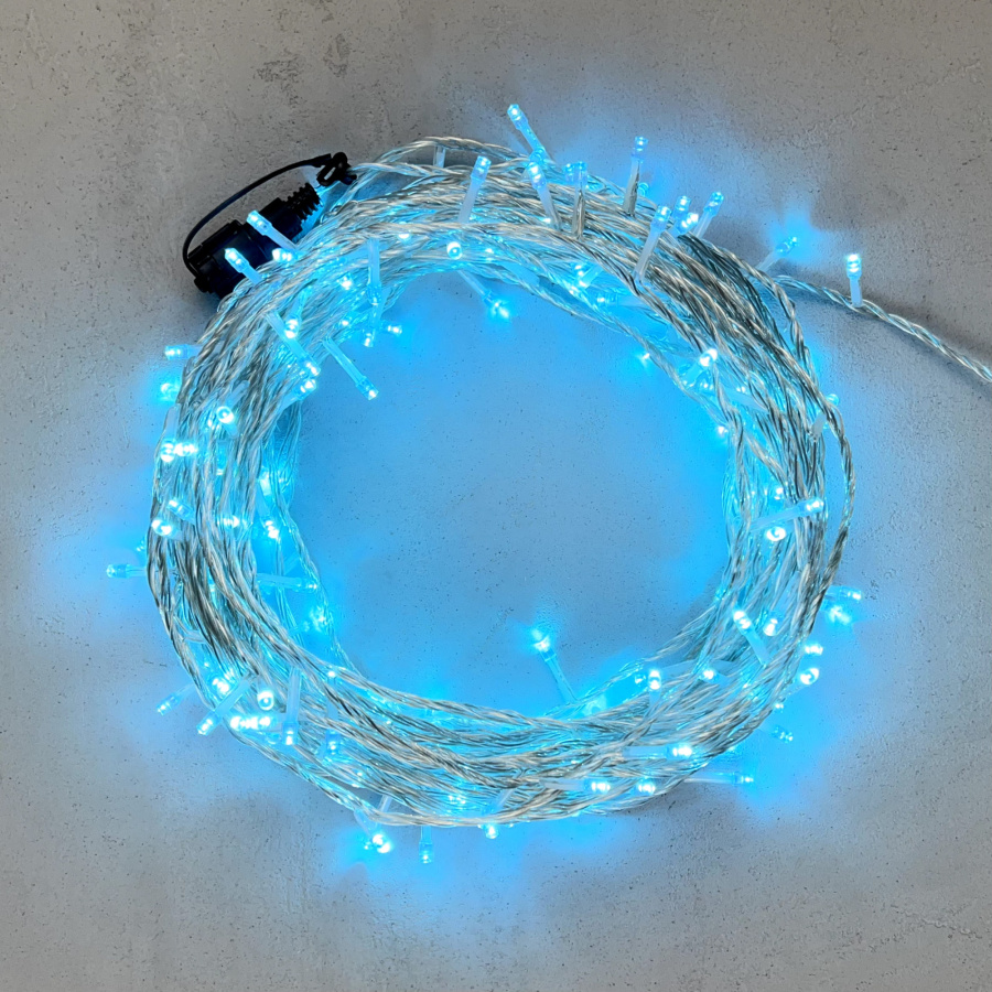 Гирлянда Нить 20м Небесно-Голубая с Возможностью Управления 24В, 200 LED, Провод Прозрачный Силикон, IP65