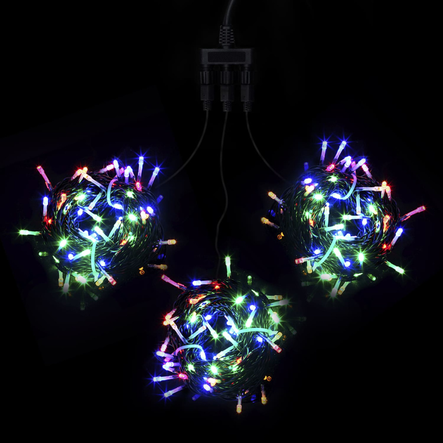 Комплект 3 Разноцветных Нити с Мерцанием Белого Диода по 20м, 600 LED, Провод Черный ПВХ, IP54