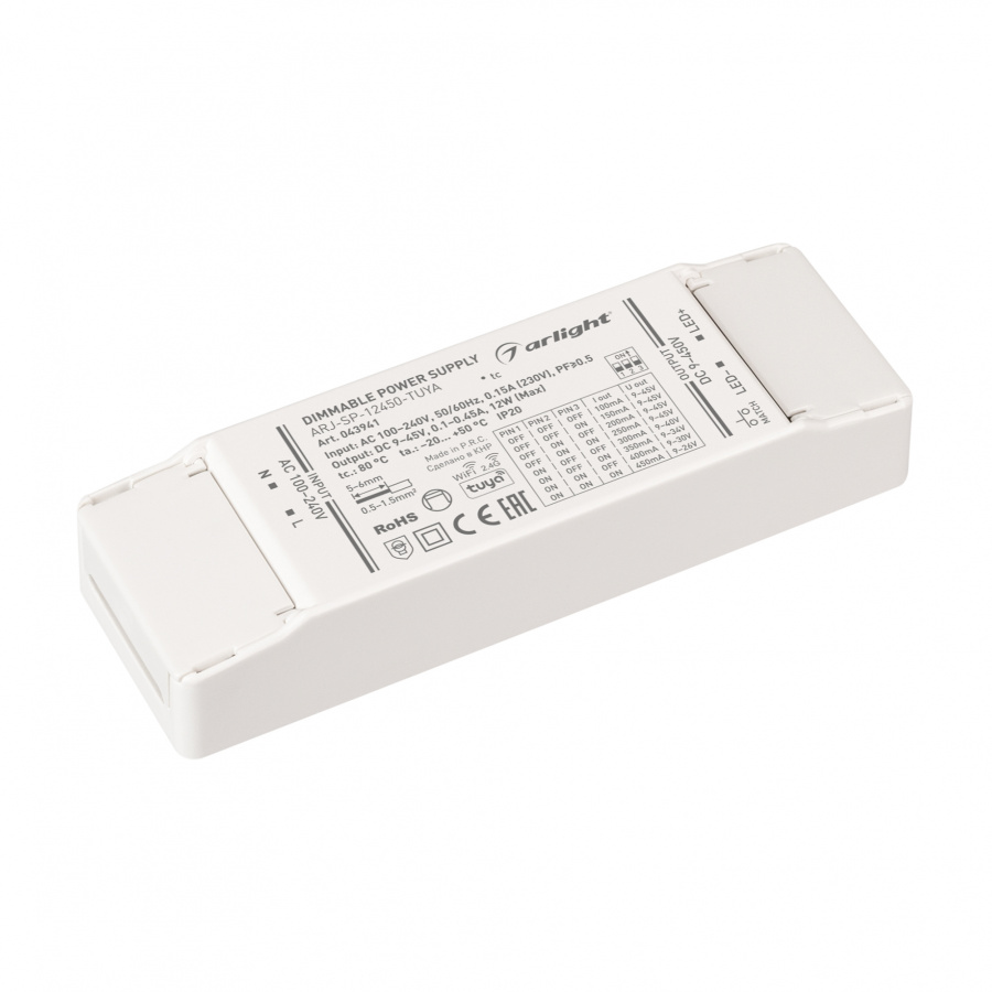 Блок питания ARJ-SP-12450-TUYA (12W, 9-45V, 0.1-0.45A, WiFi, 2.4G) (Arlight, IP20 Пластик, 5 лет)