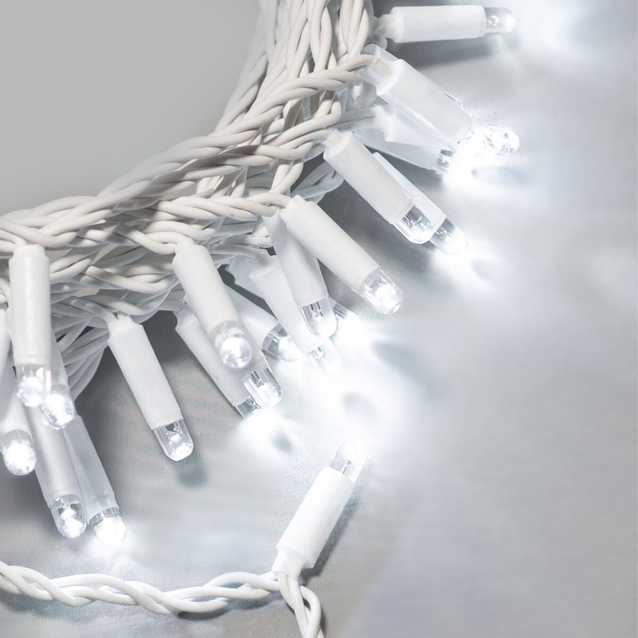 Гирлянда Нить 10м Белая 24В, 100 LED, Провод Белая Резина 2,3мм, IP65