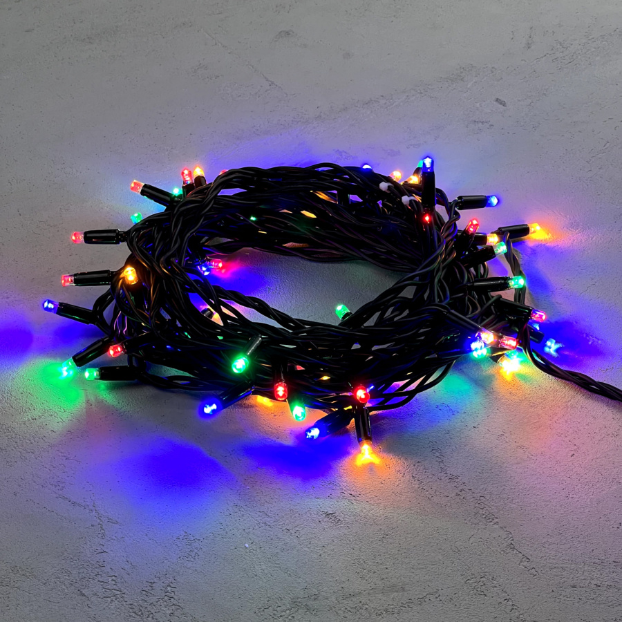 Гирлянда Нить 10м Разноцветная 220В, 75 LED, Провод Черный Каучук, IP65