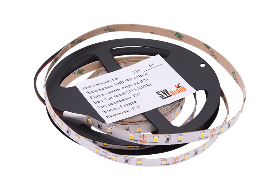 Лента светодиодная SWG SWG260, 4,8 Вт/м, 12В, IP20, теплый белый
