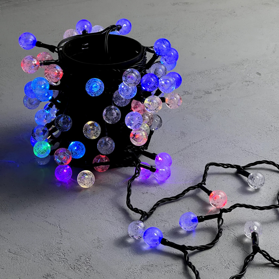Гирлянда «Шарики» 10м Разноцветная 220В, Диаметр Шарика 23мм, 100 LED, Провод Черный ПВХ, IP54