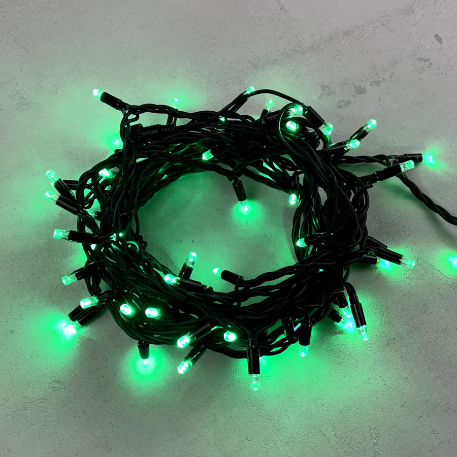 Гирлянда Нить 10м Зеленая 220В, 75 LED, Провод Черный Каучук, IP65