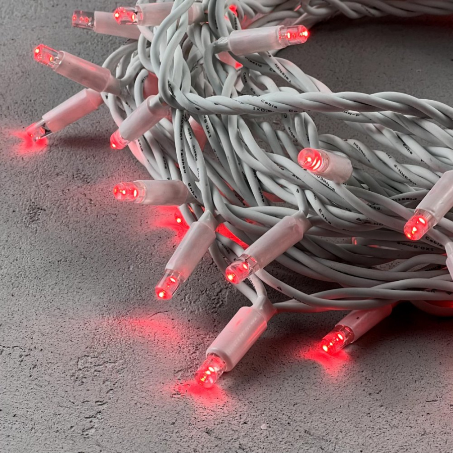 Гирлянда Нить 10м Красная 24В, 75 LED, Провод Белый Каучук, IP65