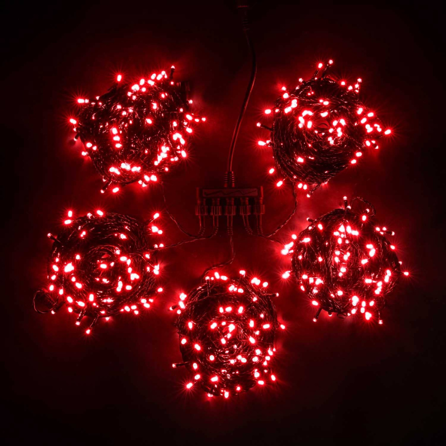 Комплект 5 Красных Нитей по 20м с Мерцанием Белого Диода, 1000 LED, Провод Черный ПВХ, IP54