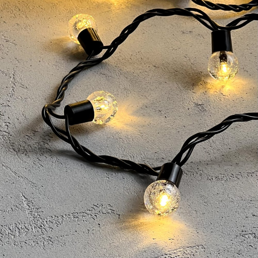 Гирлянда «Шарики» 10м Тепло-Белая 220В, Диаметр Шарика 23мм, 100 LED, Провод Черный ПВХ, IP54