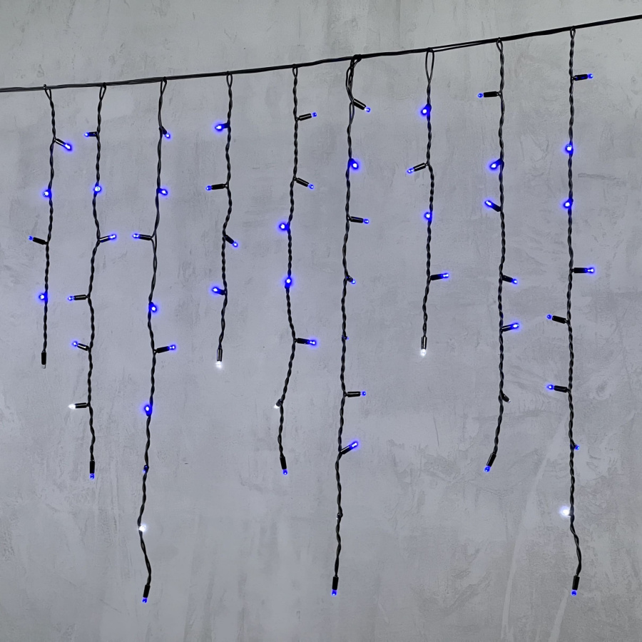 Гирлянда Бахрома 3,2 x 0,9 м Синяя с Мерцанием Белого Диода 220В, 168 LED, Провод Черный Каучук, IP65