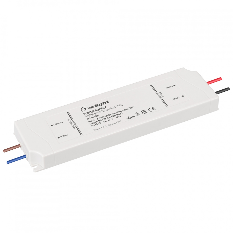 Блок питания ARPV-SP-12060-FLAT-PFC (12V, 5A, 60W) (Arlight, IP44 Пластик, 5 лет)