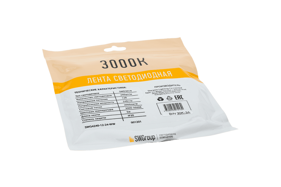 Лента светодиодная SWG SWG4240, 24 Вт/м, 12В, IP20, теплый белый