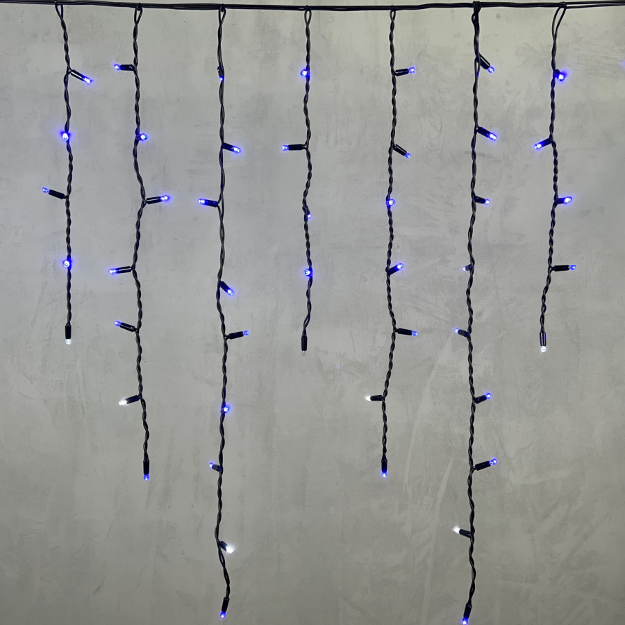 Гирлянда Бахрома 3,2 x 0,9 м Синяя с Мерцанием Белого Диода 220В, 168 LED, Провод Черный Каучук, IP65