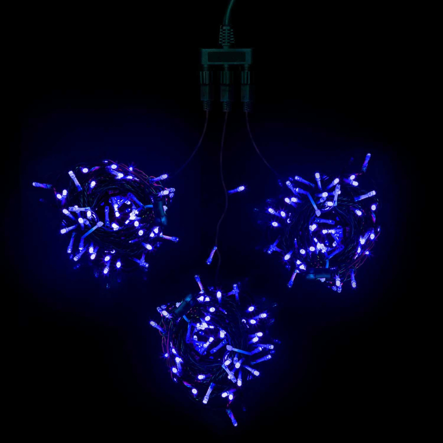 Комплект 3 Синих Нити по 20м, 600 LED, Провод Черный ПВХ, IP54