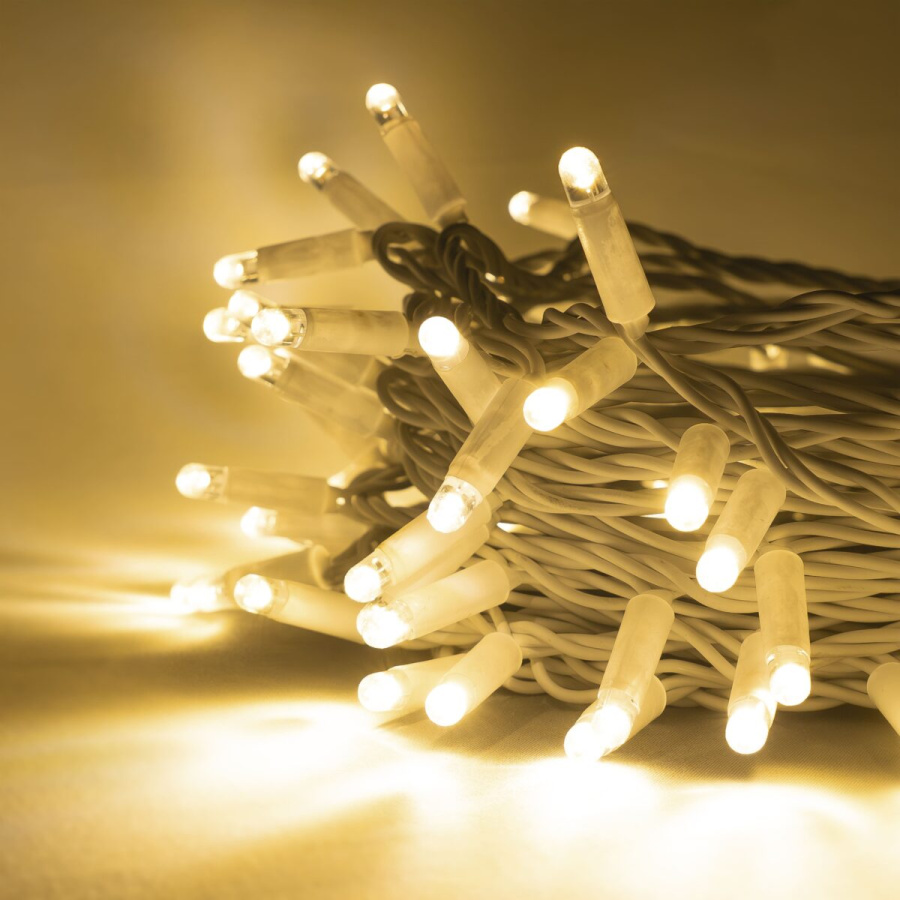 Гирлянда Нить 10м Тепло-Белая 24В, 100 LED, Провод Белая Резина 2,3мм, IP65