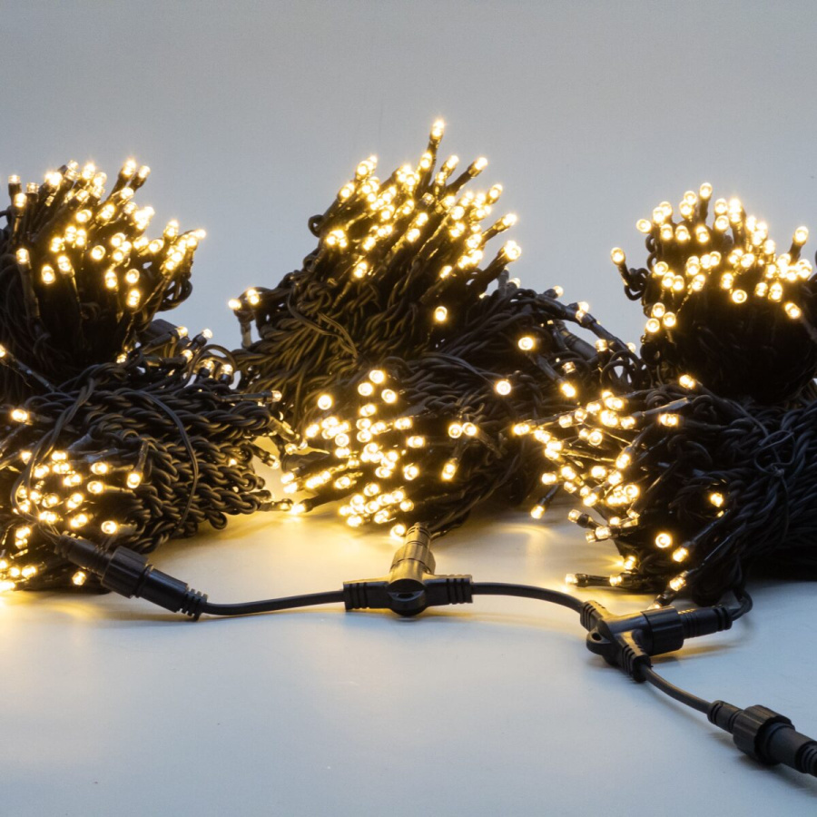 Комплект 3 Тепло-Белых Нити по 20м, 600 LED, Провод Черный Каучук 2,3мм, IP54