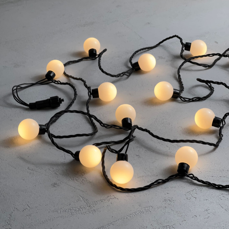 Гирлянда «Шарики» 5м Тепло-Белая 220В, Диаметр Шарика 40мм, 20 LED, Провод Черный Каучук, IP65
