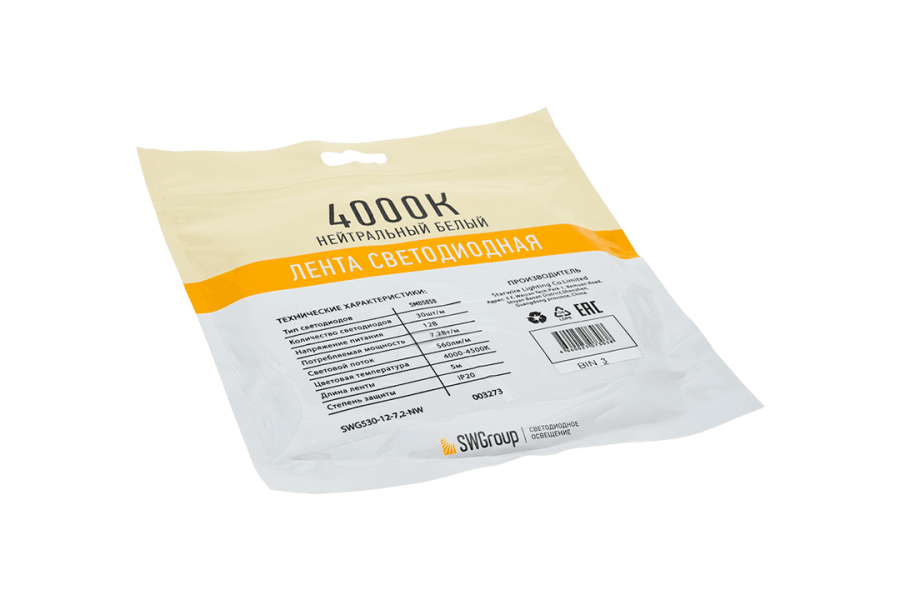 Лента светодиодная SWG SWG530, 7,2 Вт/м, 12В, IP20, нейтральный белый