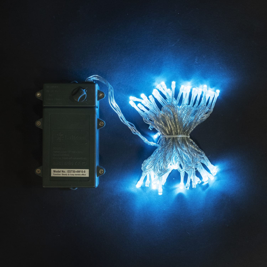 Гирлянда Нить на Батарейках с Таймером 10м Небесно-Голубая, 100 LED, Провод Прозрачный Силикон, IP65