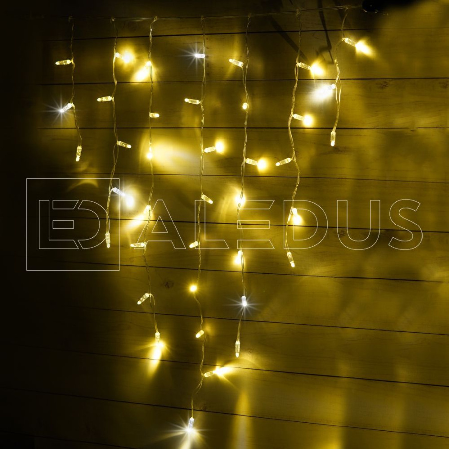 Бахрома (Айсикл) ALEDUS, 220 В, 3x0.9 м, IP65, прозрачный провод, теплый белый, с мерцанием, 144 светодиода