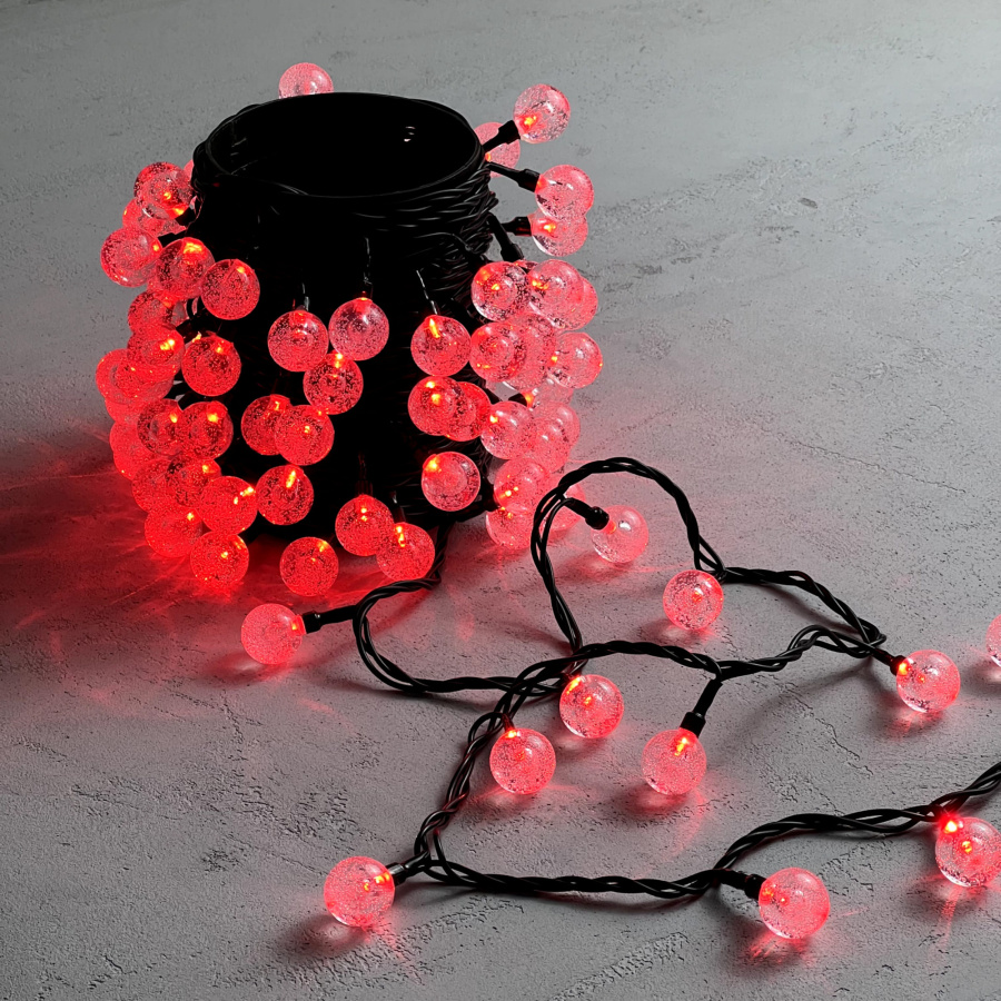 Гирлянда «Шарики» 10м Красная 220В, Диаметр Шарика 23мм, 100 LED, Провод Черный ПВХ, IP54