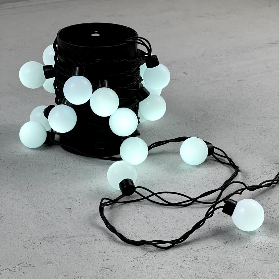 Гирлянда «Шарики» 5м Белая 220В, Диаметр Шарика 40мм, 20 LED, Провод Черный Каучук, IP65