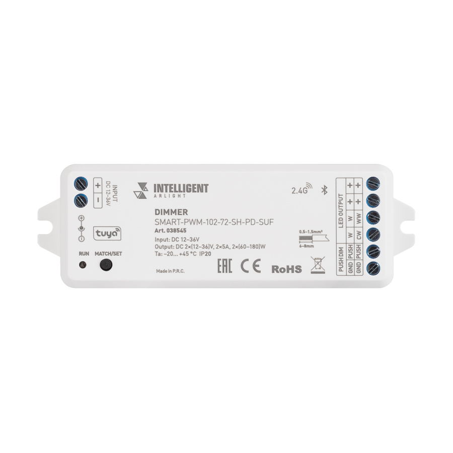 INTELLIGENT ARLIGHT Диммер SMART-PWM-102-72-SH-PD-SUF (12-36V, 2x5A, TUYA BLE, 2.4G) (IARL, Контроллер)