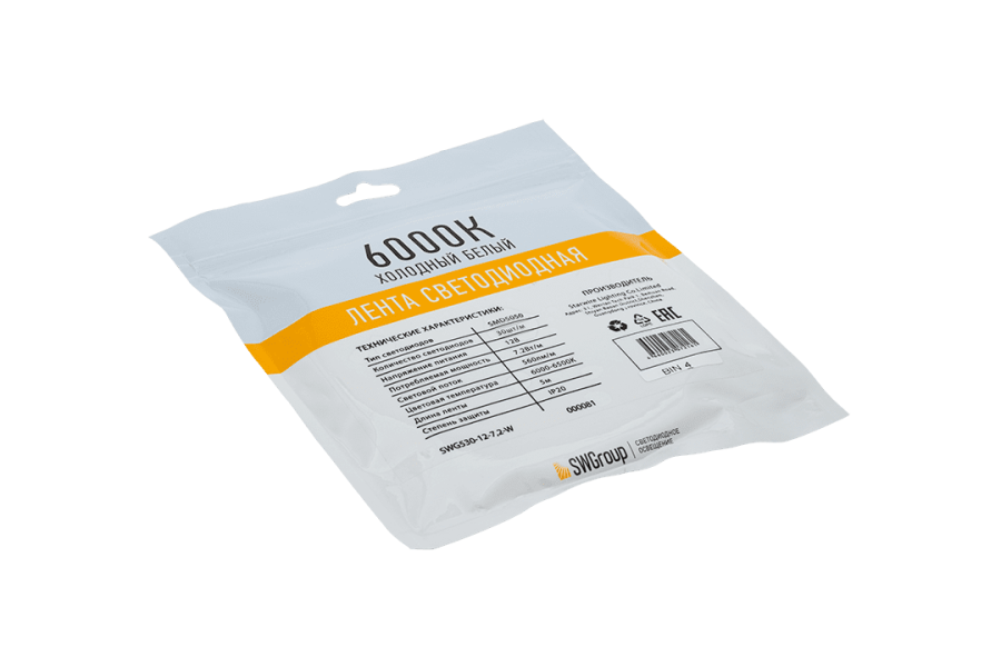Лента светодиодная SWG SWG530, 7,2 Вт/м, 12В, IP20, холодный белый