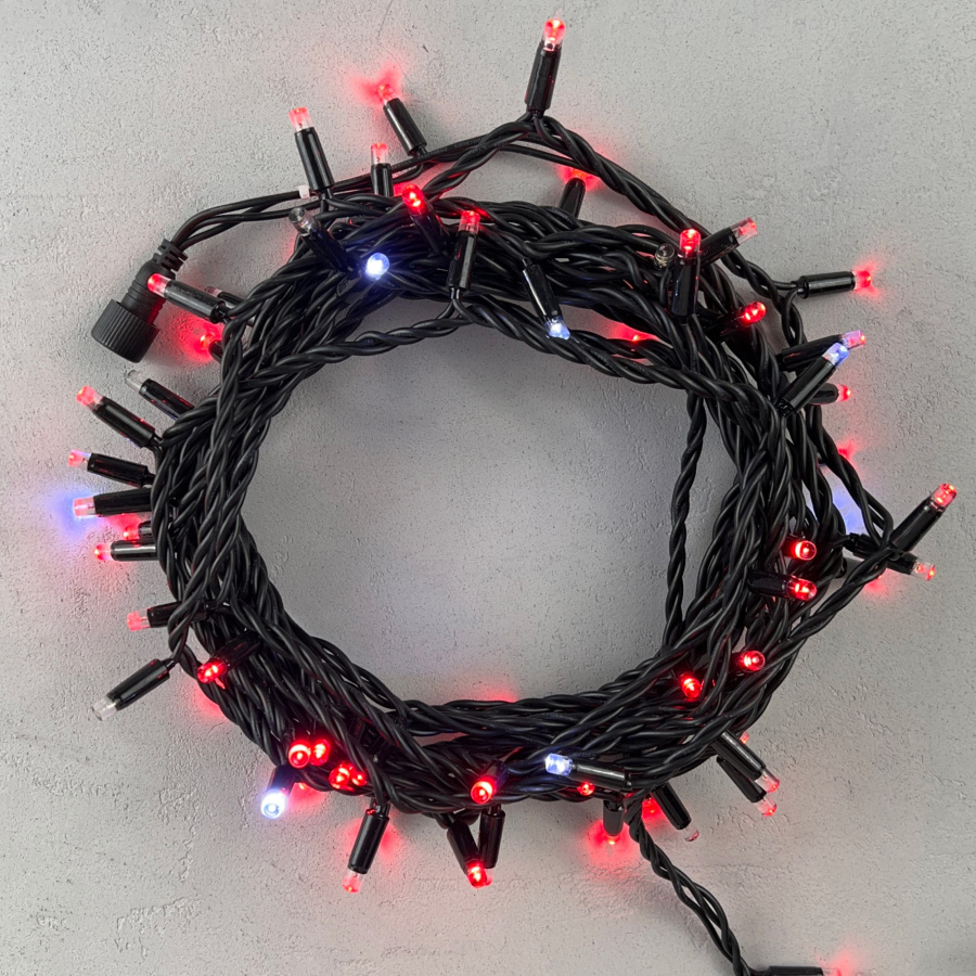 Гирлянда Нить 10м Красная с Мерцанием Белого Диода 220В, 75 LED, Провод Черный Каучук, IP65