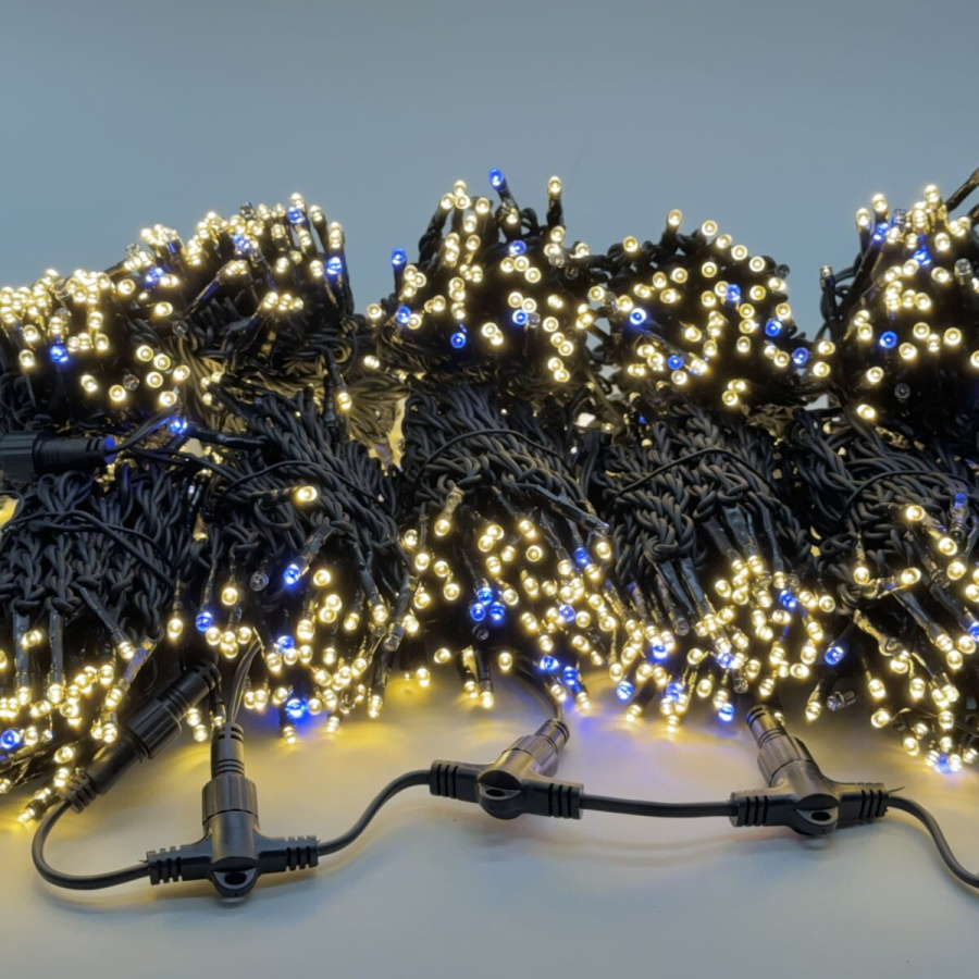 Комплект 5 Тепло-Белых Нитей по 20м с Мерцанием Белого Диода, 1000 LED, Провод Черный Каучук 2,3мм,