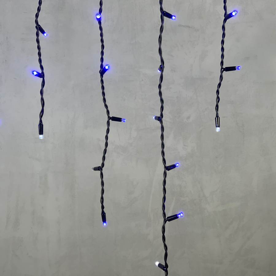 Гирлянда Бахрома 3,2 x 0,9 м Синяя с Мерцанием Белого Диода 220В, 168 LED, Провод Черный Каучук, IP65