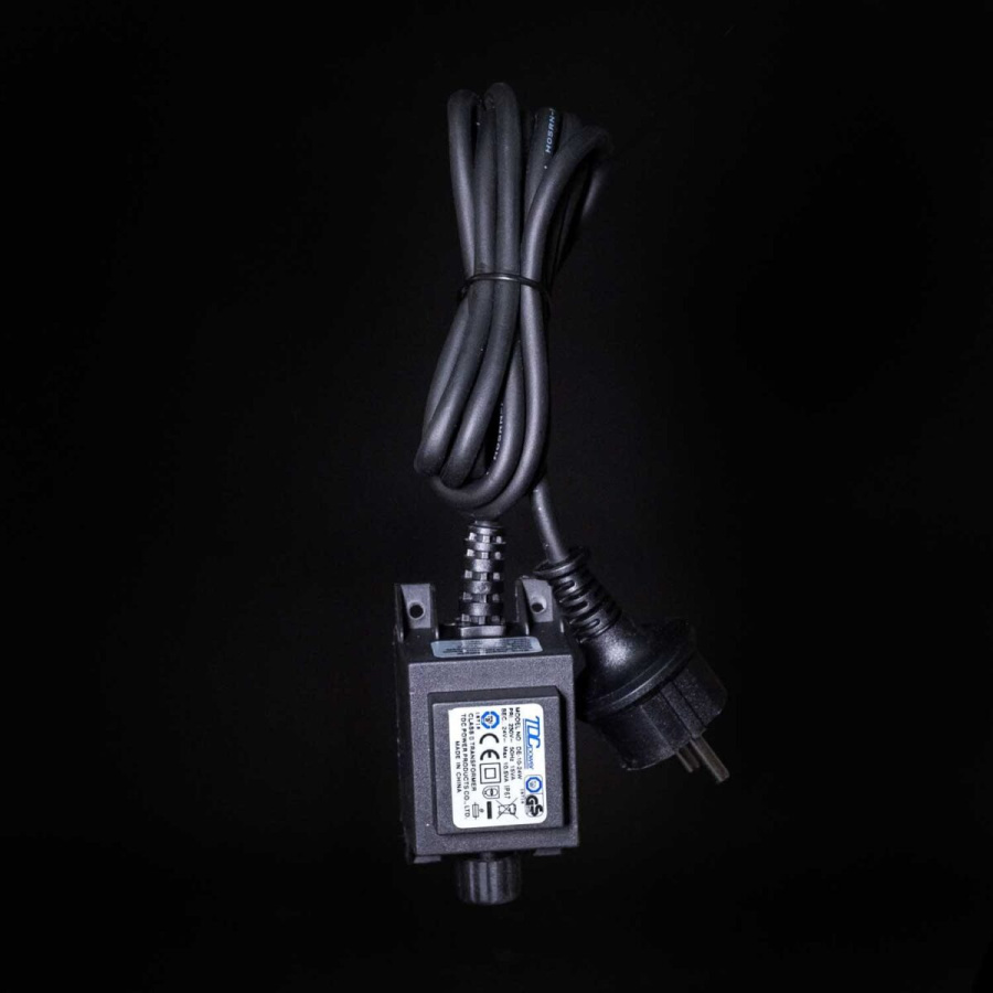Трансформатор 9,6W для Силиконовых Нитей 24В, до 200 LED, Провод Черный Каучук, IP65