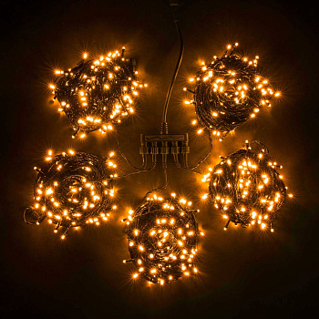 Комплект 5 Желтых Нитей по 20м с Мерцанием Белого Диода, 1000 LED, Провод Черный ПВХ, IP54