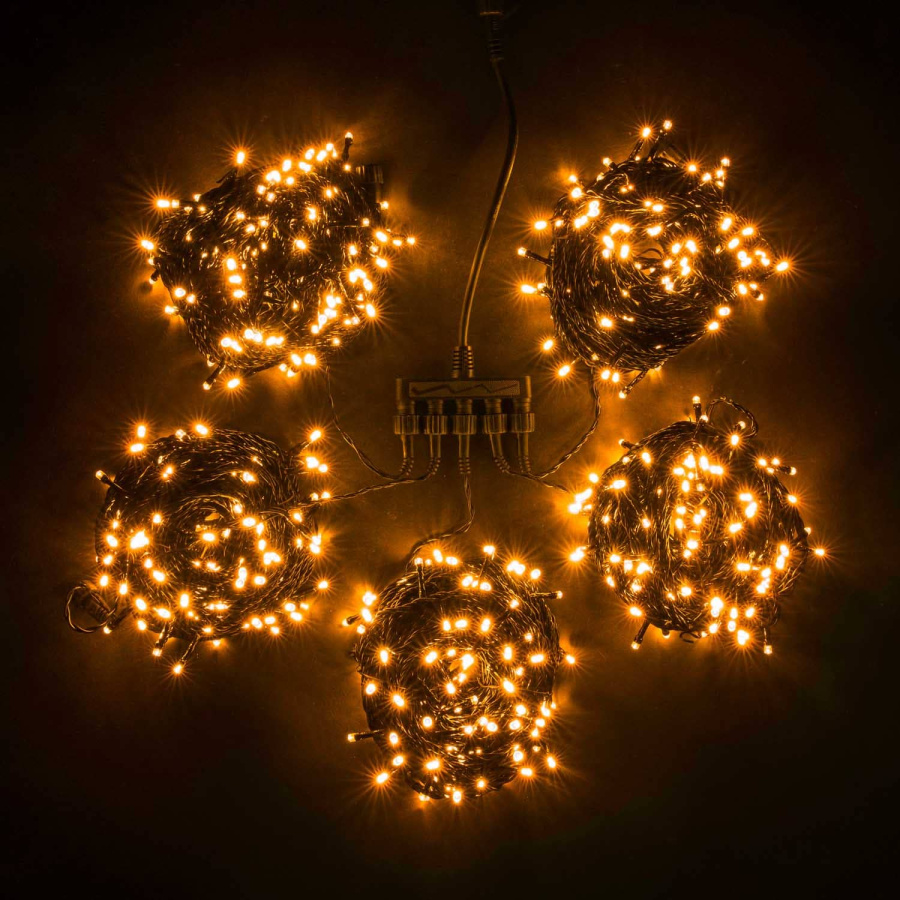 Комплект 5 Желтых Нитей по 20м с Мерцанием Белого Диода, 1000 LED, Провод Черный ПВХ, IP54