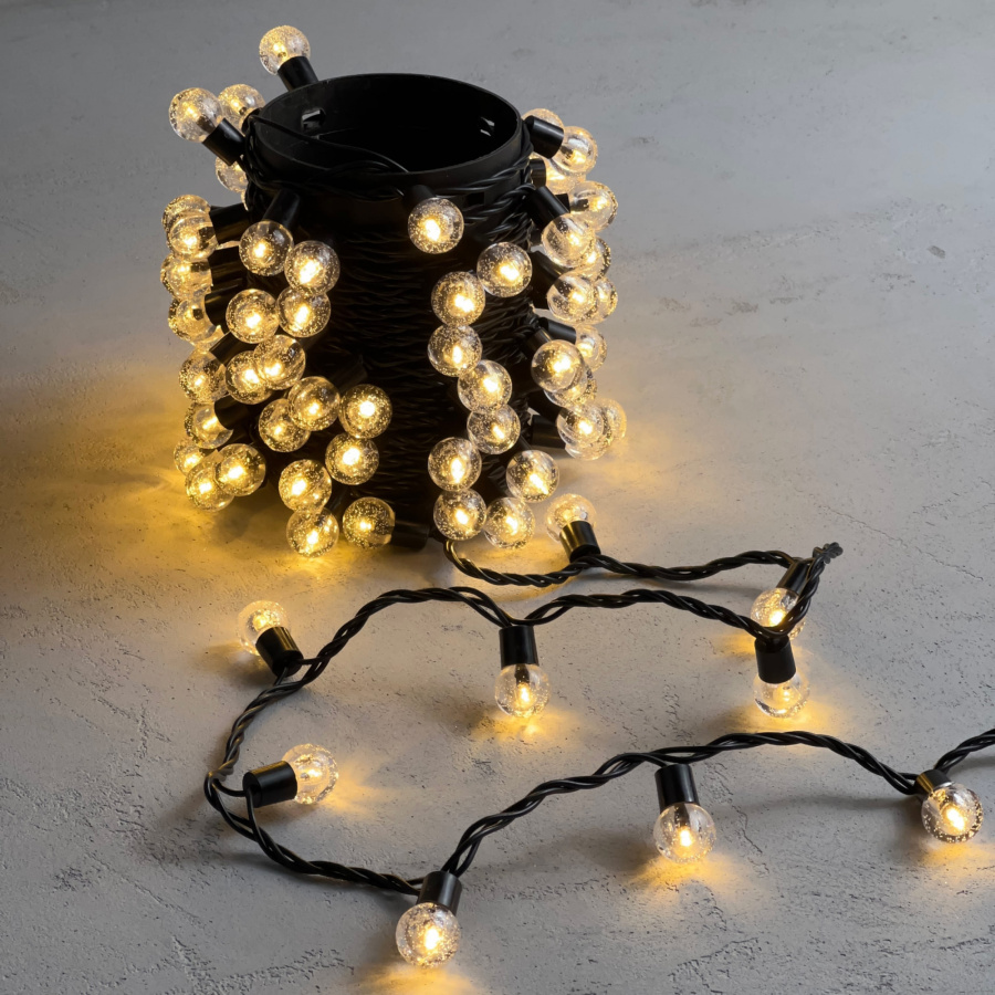 Гирлянда «Шарики» 10м Тепло-Белая 220В, Диаметр Шарика 23мм, 100 LED, Провод Черный ПВХ, IP54