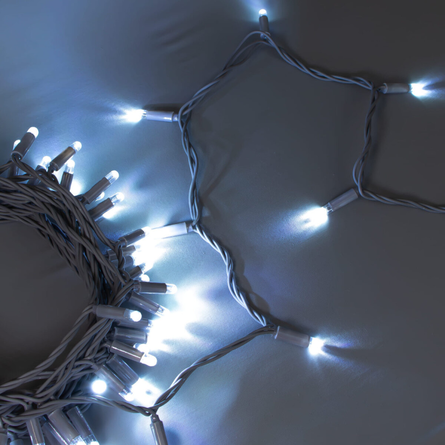 Гирлянда Нить 10м Белая 24В, 100 LED, Провод Серая Резина 2,3мм, IP65