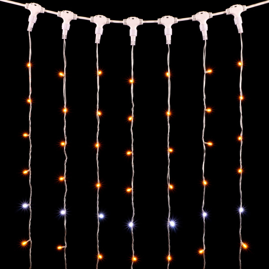 Гирлянда Занавес 2 x 3 м Желтый с Мерцанием Белого Диода 220В, 600 LED, Провод Прозрачный ПВХ, IP54