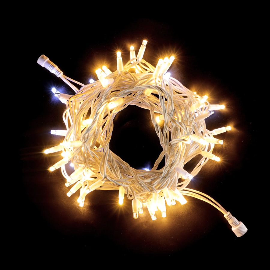 Гирлянда Нить 10м Тепло-Белая с Мерцанием Белого Диода 220В, 75 LED, Провод Белый Каучук, IP65