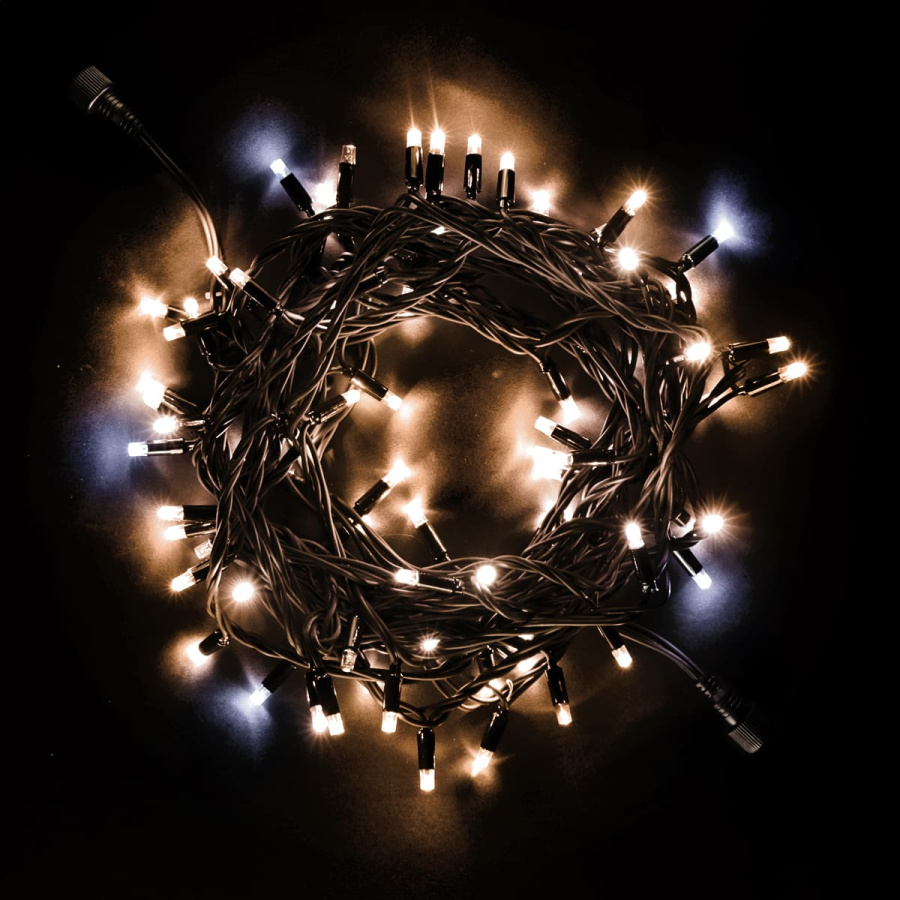 Гирлянда Нить 10м Тепло-Белая с Мерцанием Белого Диода 24В, 75 LED, Провод Черный Каучук, IP65