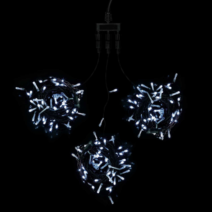 Комплект 3 Белых Нити по 20м, 600 LED, Провод Черный ПВХ, IP54