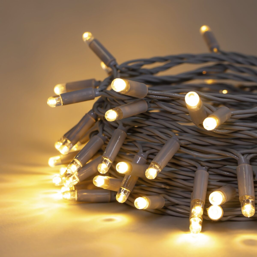 Гирлянда Нить 10м Тепло-Белая 24В, 100 LED, Провод Серая Резина 2,3мм, IP65